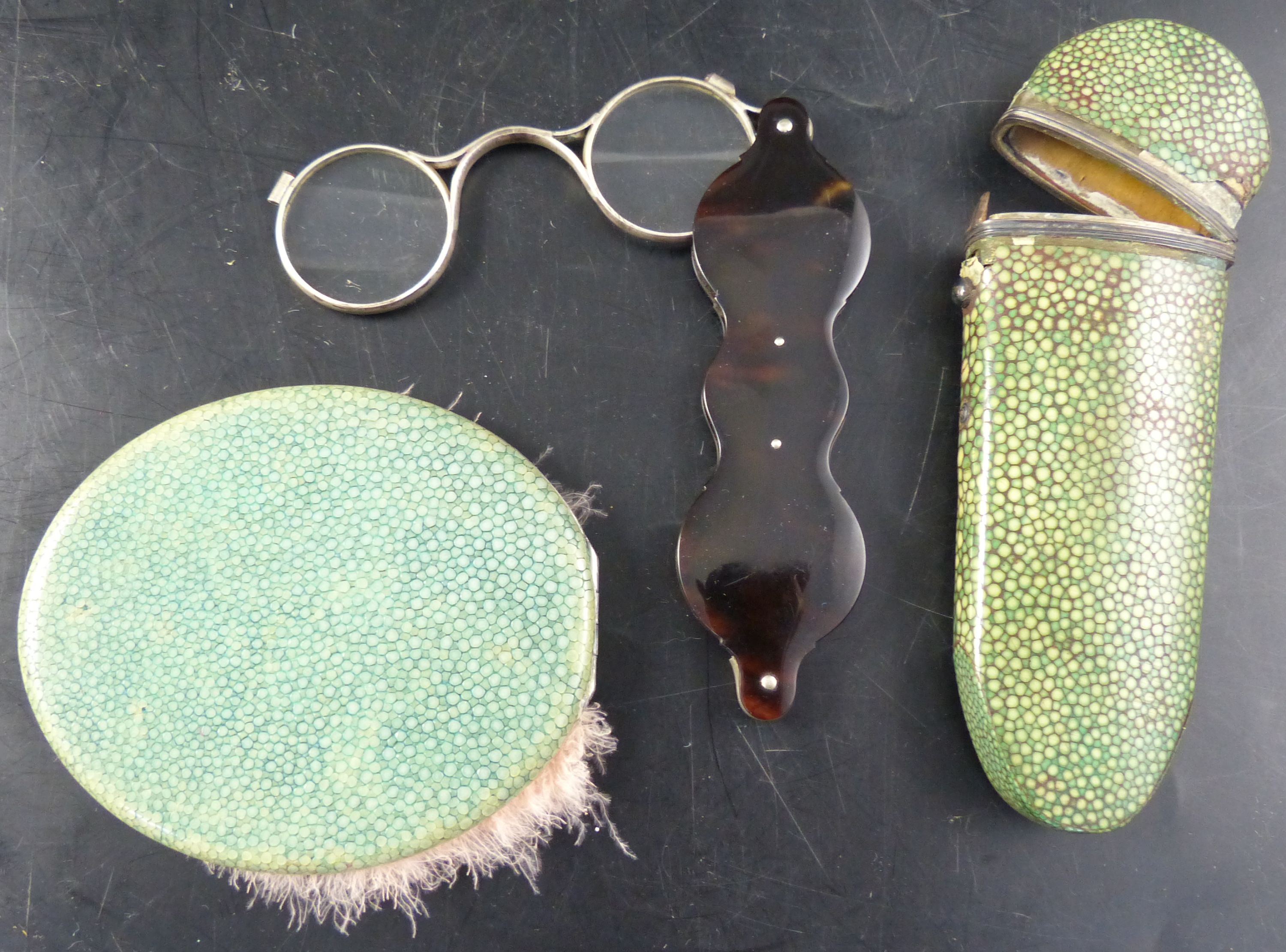 A pair of early 19th century silver and tortoiseshell lorgnette spectacles, and a compact